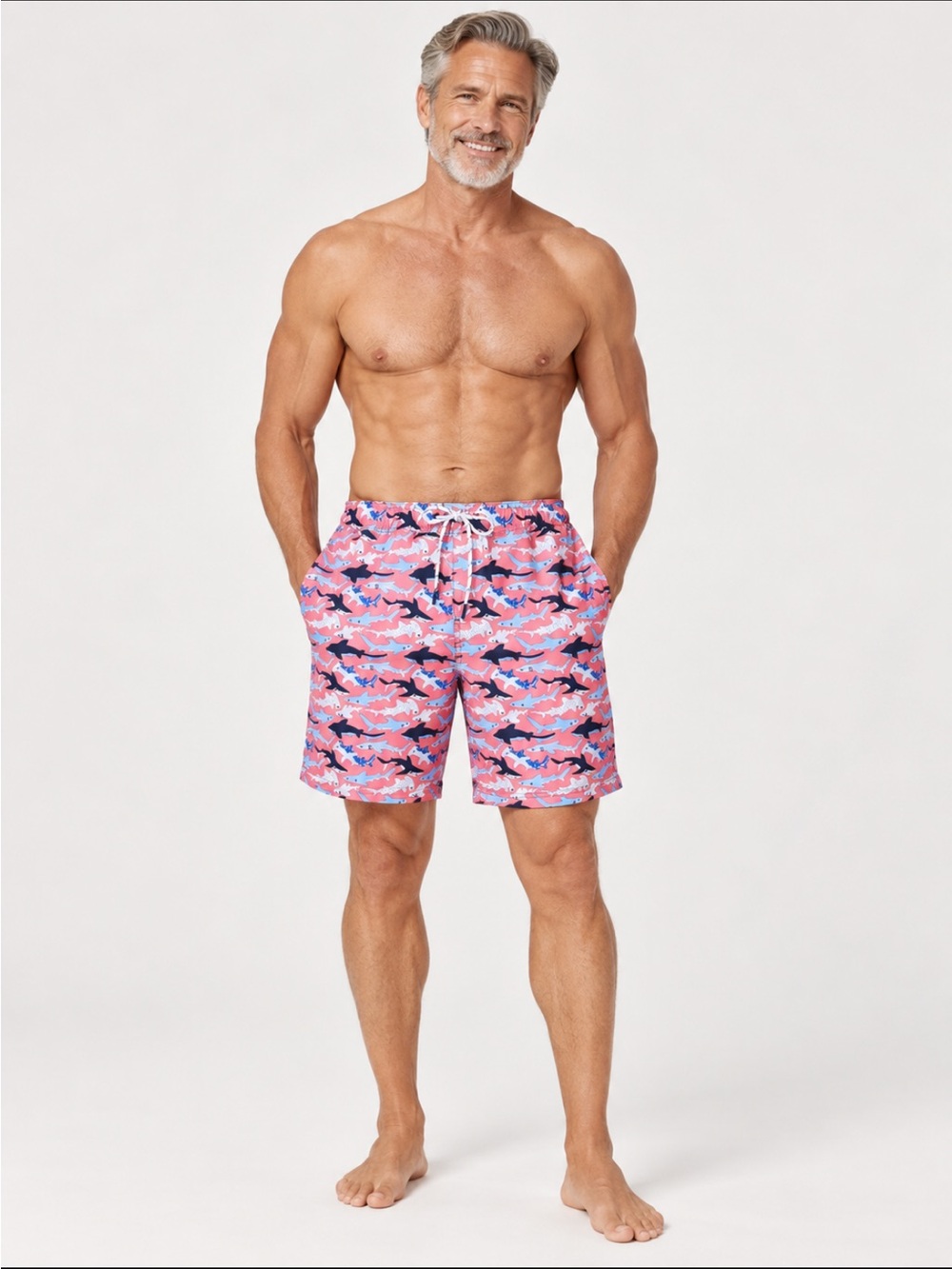 Member’s Mark Men's Resort Liner Swim Trunk Blue & White Sharks/Pink Background